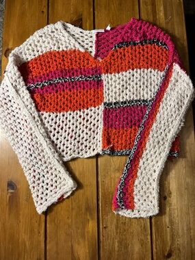 Willow & Root Open-Knit V-Neck Sweater in Cream, Orange & Pink